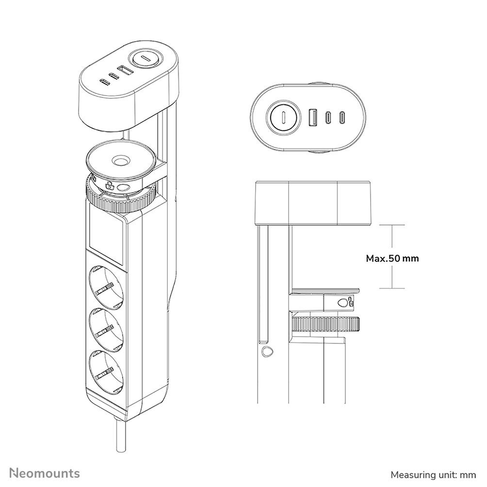 Neomounts DS22-840BL6 Multipresa da tavolo con morsetto e porte USB-C e USB-A - ricarica rapida